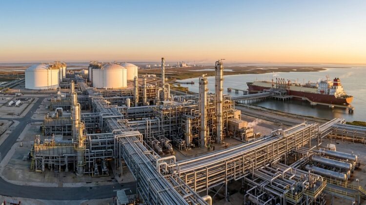 Vista aérea de una enorme terminal de exportación de GNL al amanecer en la Costa del Golfo, con un barco metanero atracado cargando.