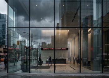Edificio de cristal moderno en día lluvioso. Un letrero rojo interior dice: 'ENERGY & INSURANCE COSTS: RISING'. Gente afuera.