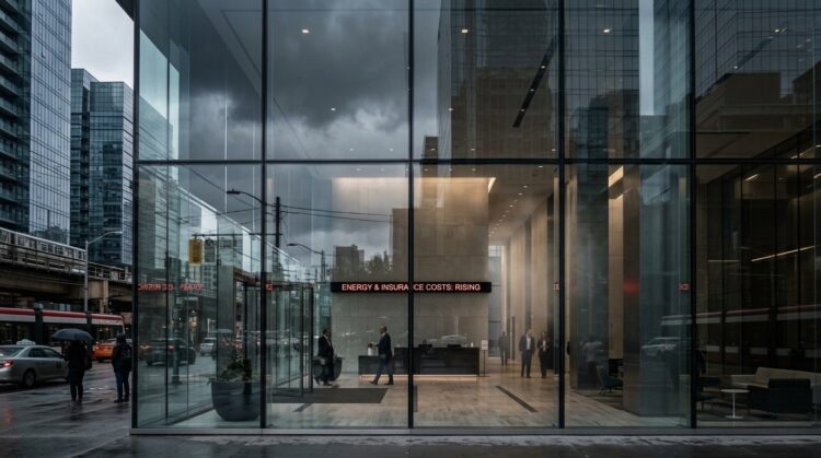 Edificio de cristal moderno en día lluvioso. Un letrero rojo interior dice: 'ENERGY & INSURANCE COSTS: RISING'. Gente afuera.