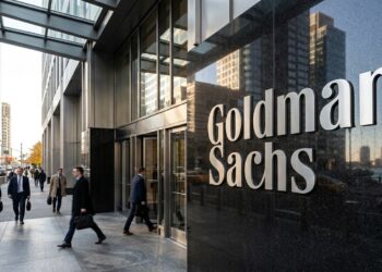 Entrada de la sede de Goldman Sachs con el letrero 'Goldman Sachs' en letras plateadas. Hombres de negocios con trajes caminan por la acera.