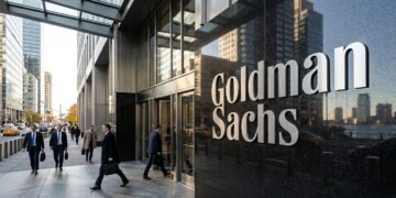 Entrada de la sede de Goldman Sachs con el letrero 'Goldman Sachs' en letras plateadas. Hombres de negocios con trajes caminan por la acera.
