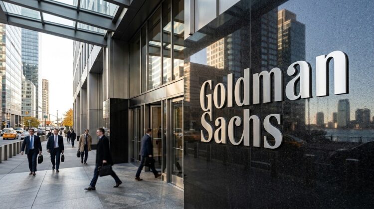Entrada de la sede de Goldman Sachs con el letrero 'Goldman Sachs' en letras plateadas. Hombres de negocios con trajes caminan por la acera.