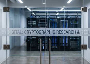 Puerta de vidrio doble con el texto "GALAXY DIGITAL: CRYPTOGRAPHIC RESEARCH & SECURITY". Al fondo, un rack de servidores con luces LED azules.