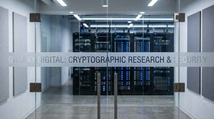 Puerta de vidrio doble con el texto "GALAXY DIGITAL: CRYPTOGRAPHIC RESEARCH & SECURITY". Al fondo, un rack de servidores con luces LED azules.