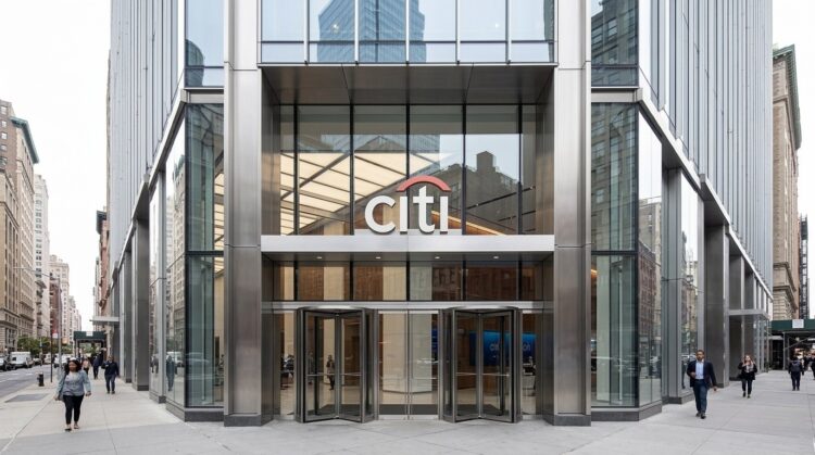 Entrada moderna de vidrio y acero con el logo "citi" en Nueva York. Peatones caminan por la acera y edificios urbanos al fondo.