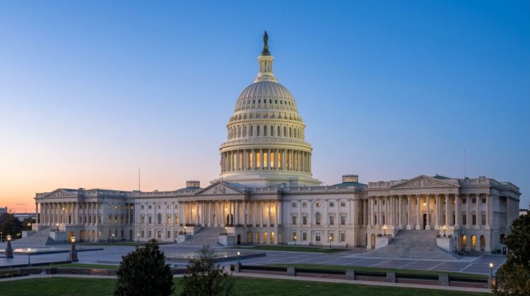 Vista exterior amplia del Capitolio de los Estados Unidos iluminado al crepúsculo. La cúpula y las alas son visibles bajo un cielo azul y naranja.