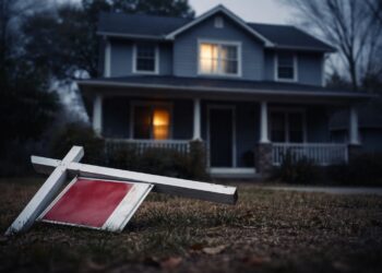 Casa con cartel caído en jardín al atardecer.