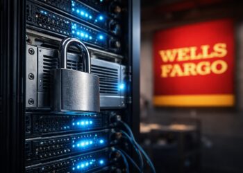 Servidor con candado y fondo institucional de Wells Fargo.