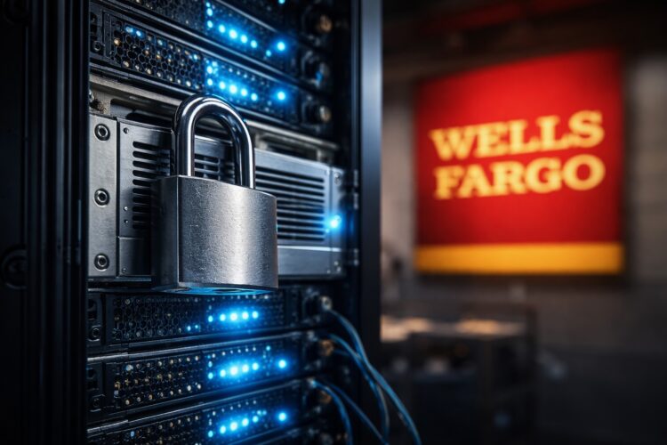 Servidor con candado y fondo institucional de Wells Fargo.