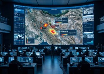 Centro de mando con gran pantalla curva. El mapa de Irán destaca las instalaciones nucleares de "Natanz" e "Isfahan". Un analista está en primer plano.