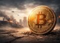 Moneda de Bitcoin brilla ante ciudad en tensión.