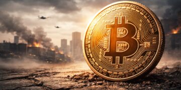 Moneda de Bitcoin brilla ante ciudad en tensión.