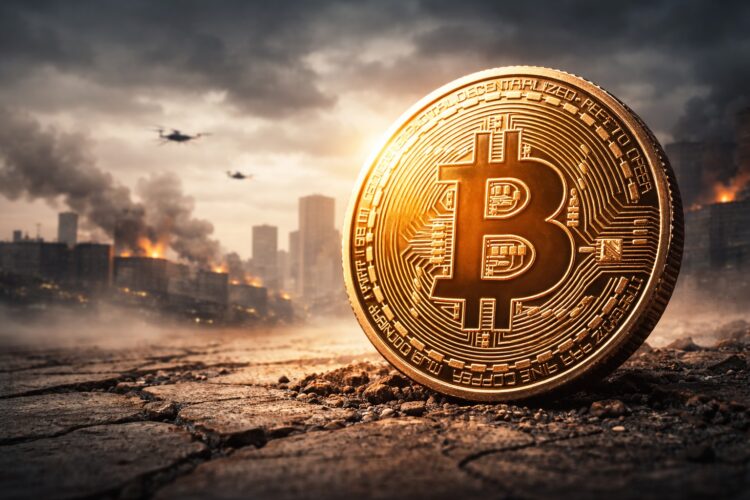 Moneda de Bitcoin brilla ante ciudad en tensión.