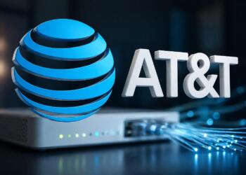 Logo de AT&T en primer plano con router y fibra al fondo.