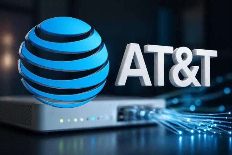 Logo de AT&T en primer plano con router y fibra al fondo.