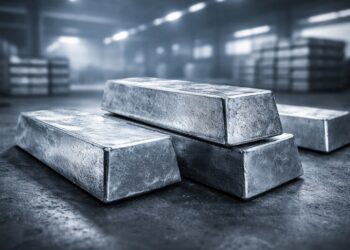 Lingotes de aluminio en primer plano con fondo industrial desenfocado.