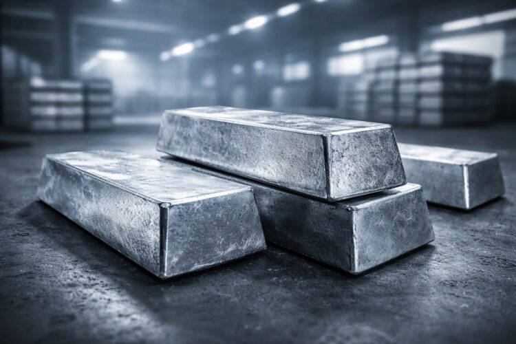 Lingotes de aluminio en primer plano con fondo industrial desenfocado.
