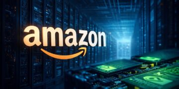 Centro de datos con Amazon dominante y chips IA en entorno industrial.