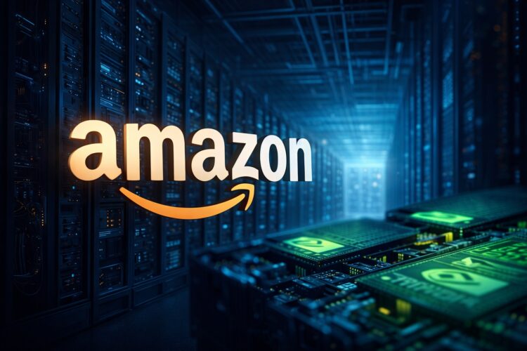 Centro de datos con Amazon dominante y chips IA en entorno industrial.