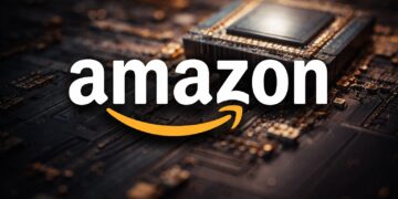 Logo de Amazon en relieve sobre chip desenfocado.