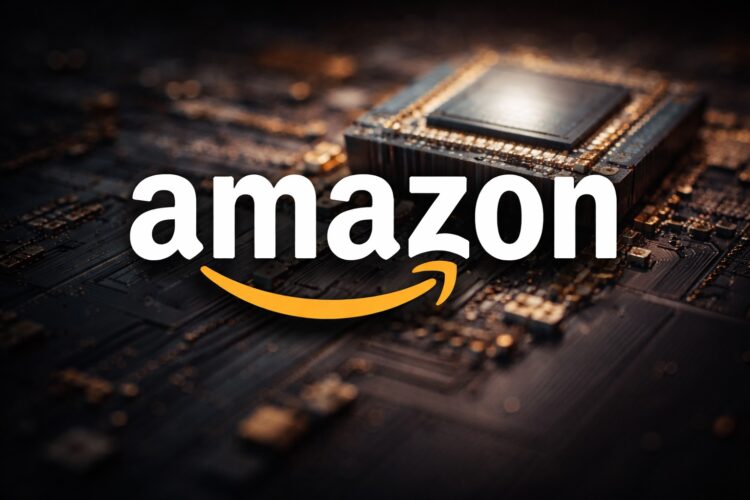 Logo de Amazon en relieve sobre chip desenfocado.