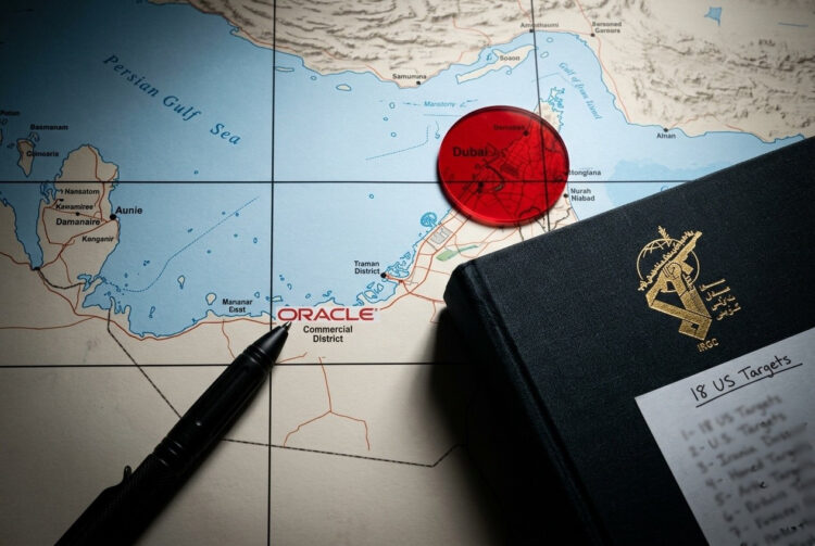 Un mapa táctico del Golfo Pérsico muestra a Dubái como objetivo, junto a un dossier con el logo de la Guardia Revolucionaria de Irán.