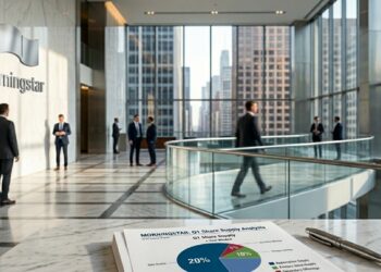 Gráfico financiero de Morningstar sobre mármol en oficina de lujo.