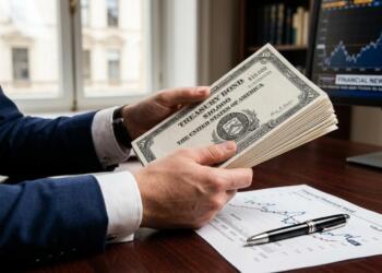 Manos masculinas sosteniendo bonos del Tesoro de EE. UU. sobre un gráfico financiero y bolígrafo.