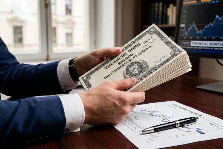 Manos masculinas sosteniendo bonos del Tesoro de EE. UU. sobre un gráfico financiero y bolígrafo.