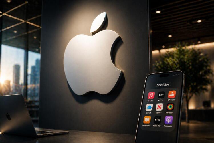 Logo de Apple centrado con dispositivos en oficina corporativa.