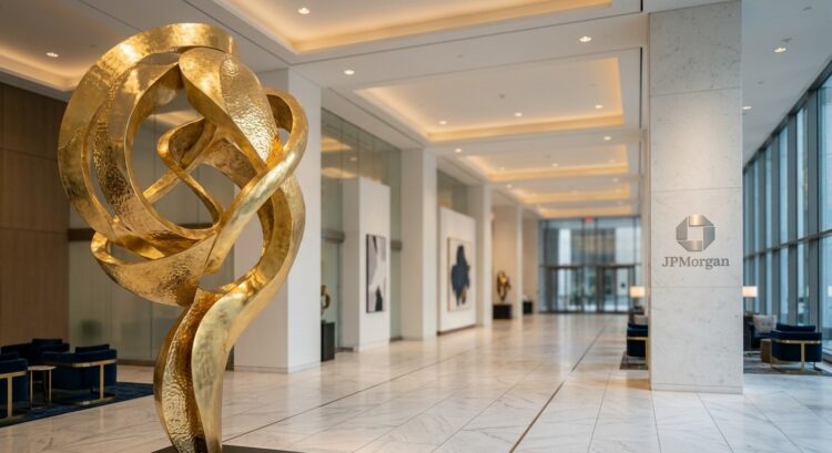 Lobby de JPMorgan con gran escultura dorada abstracta y suelo de mármol blanco pulido.