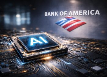 Chip de IA con logo de Bank of America al fondo nítido.