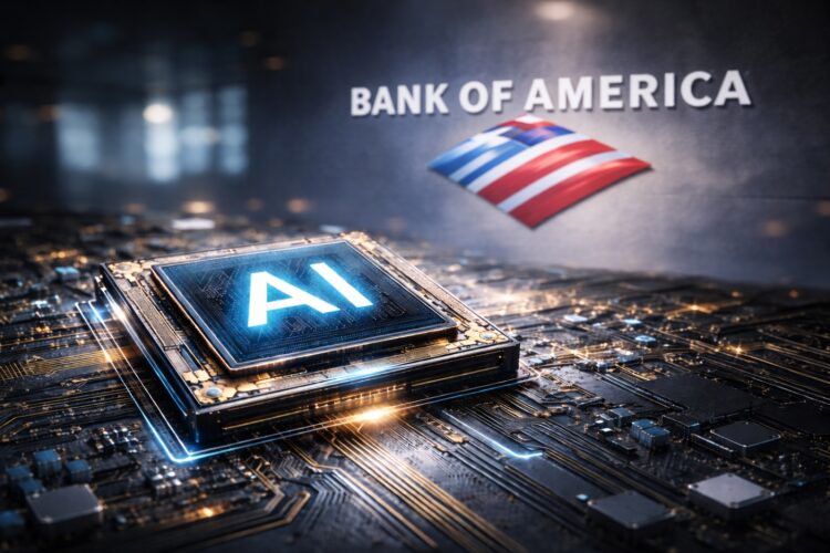 Chip de IA con logo de Bank of America al fondo nítido.