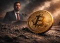 Bitcoin en caída con figura política difusa al fondo.