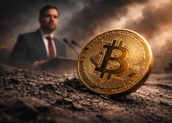 Bitcoin en caída con figura política difusa al fondo.