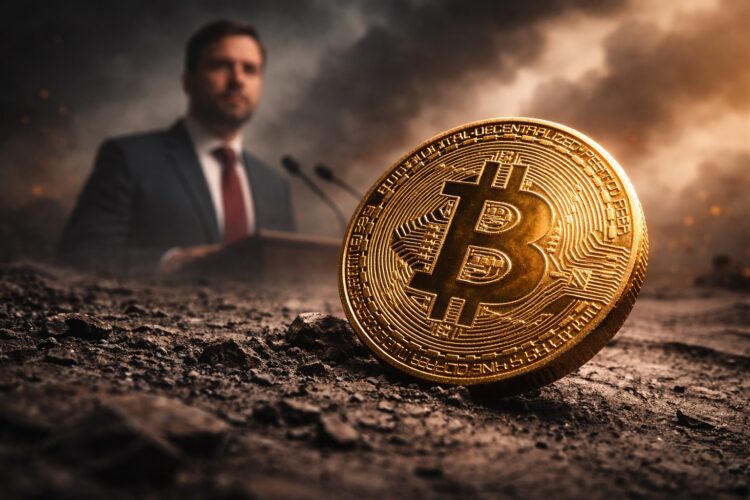 Bitcoin en caída con figura política difusa al fondo.