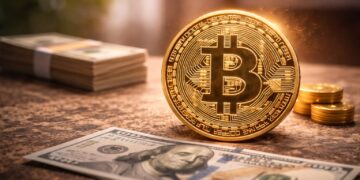 Bitcoin en primer plano con leve presencia de dinero físico.