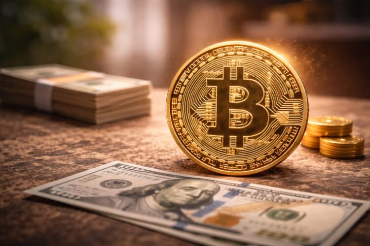 Bitcoin en primer plano con leve presencia de dinero físico.