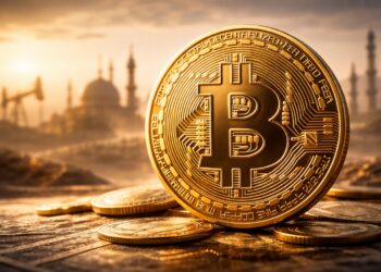 Bitcoin en primer plano con fondo cálido desenfocado geopolítico.