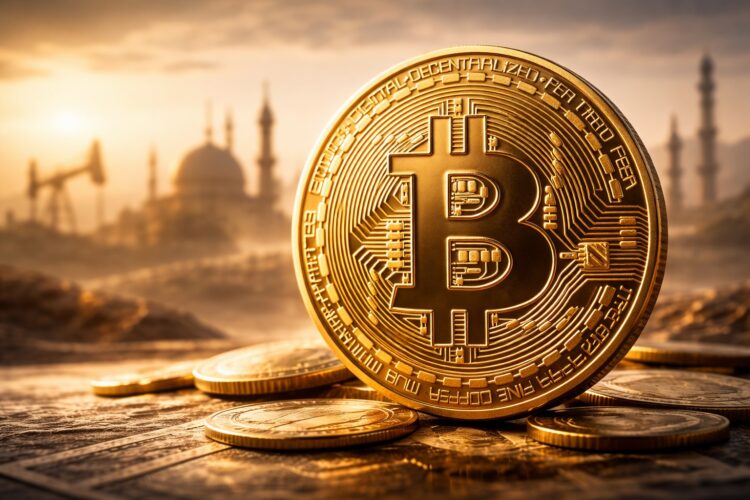 Bitcoin en primer plano con fondo cálido desenfocado geopolítico.