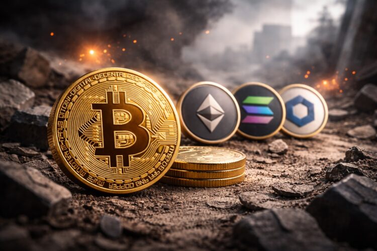 Bitcoin en primer plano con criptos y conflicto al fondo leve.