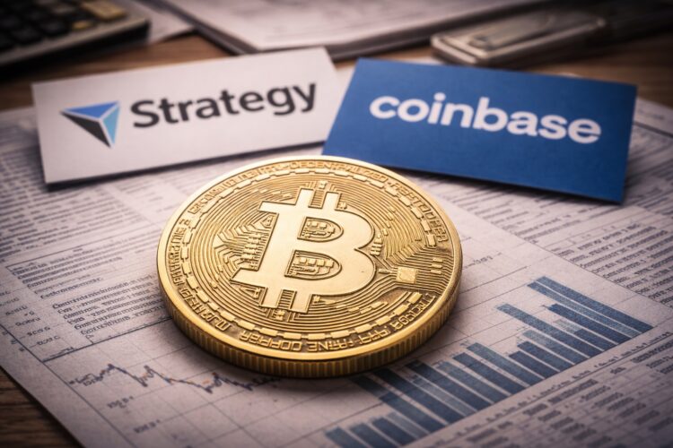 Bitcoin en primer plano con logos de empresas cripto detrás.