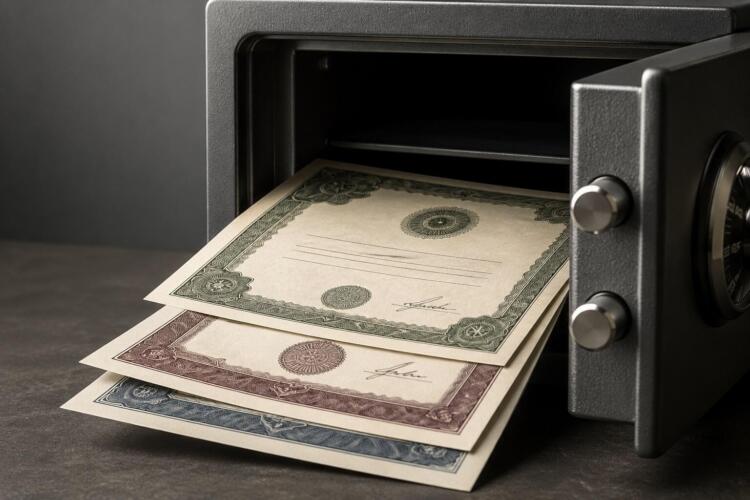 Bonos financieros sobre una caja fuerte parcialmente abierta.