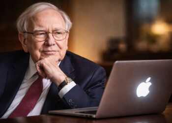 Warren Buffett observando una laptop con el logo de Apple en un entorno sobrio.