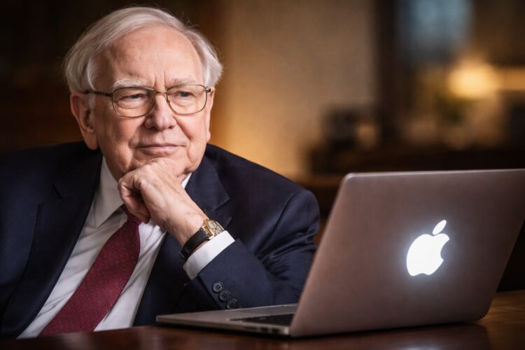 Warren Buffett observando una laptop con el logo de Apple en un entorno sobrio.