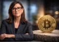 Cathie Wood junto a Bitcoin sobre base física en escena.
