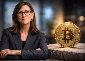 Cathie Wood junto a Bitcoin sobre base física en escena.