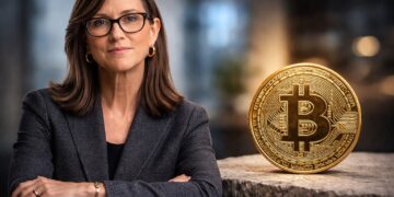 Cathie Wood junto a Bitcoin sobre base física en escena.