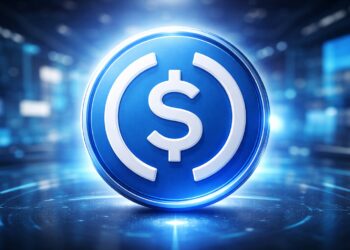 Logo de USDC en primer plano con fondo digital desenfocado.