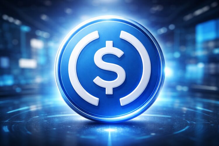 Logo de USDC en primer plano con fondo digital desenfocado.